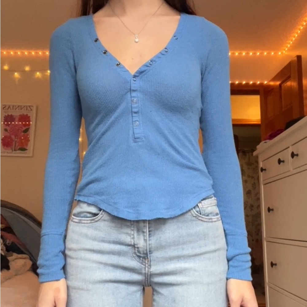 Urban Outfitters Blue Button-Detail Long Sleeve Top